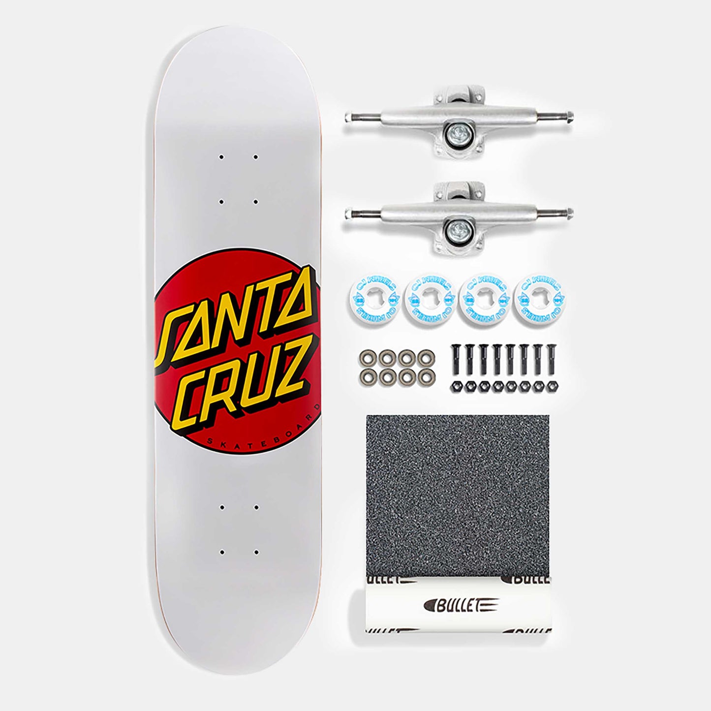 Santa Cruz Skateboard deck with, trucks, bearings, and screws on a white background