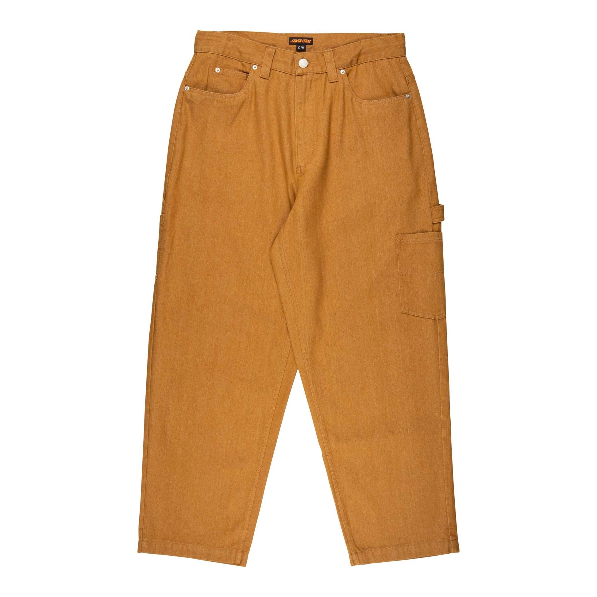 A pair of brown baggy fit jeans with front pockets, back pockets, and a hammer loop/pocket.