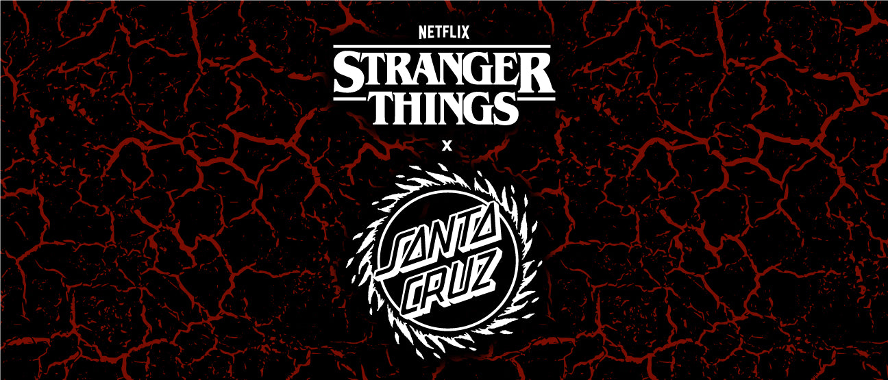 Collaboration logo between Netflix's 'Stranger Things' and Santa Cruz on a dark background with red cracks.