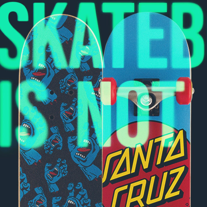 Colorful complete skateboard with graphic design and Santa Cruz branding on a dark background.