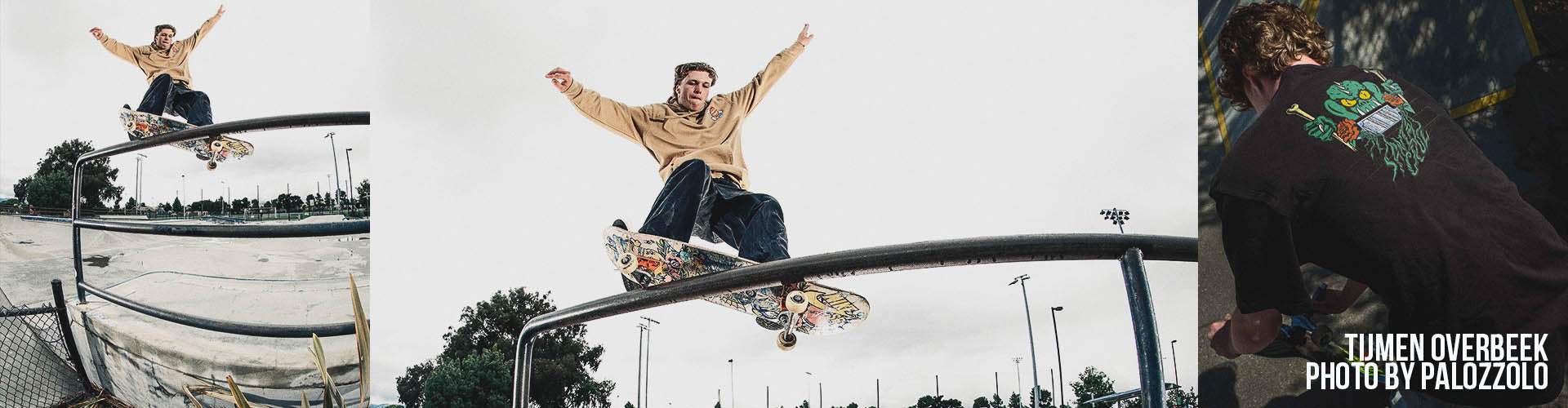 A three-panel collage showing Tijmen Overbeek, wearing Santa Cruz apparel and performing tricks on a metal rail in an outdoor skatepark.