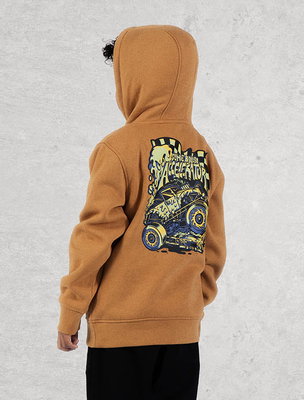A child wearing a brown kids Santa Cruz hoodie, viewed from the back. The hoodie features a large graphic print on the back depicting a blue and yellow hot rod car.
