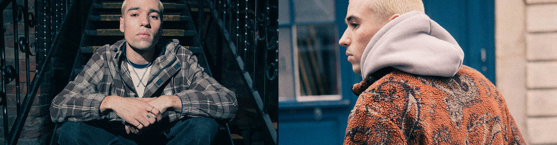 Santa Cruz Men's Clothing. A split-screen image showing a man in two different outfits featuring a gray and black plaid flannel shirt and an orange textured fleece.