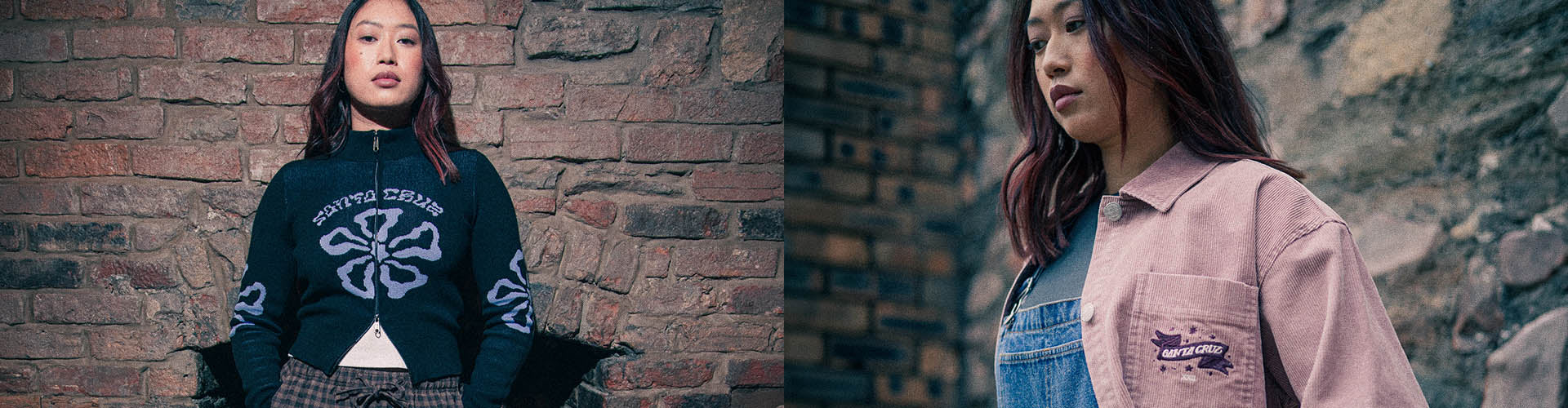 A split-screen image showing a woman wearing a black Santa Cruz graphic sweatshirt on the left and a pink button-up shirt over a denim vest on the right, set against a dark brick wall background.