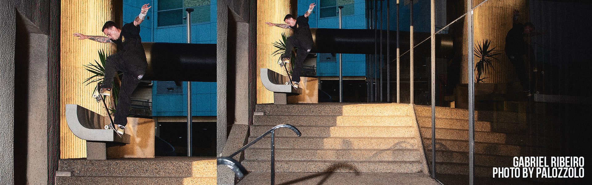 Santa Cruz Skateboards and Decks - a skateboarder performing a trick on a bench above a set of stairs.