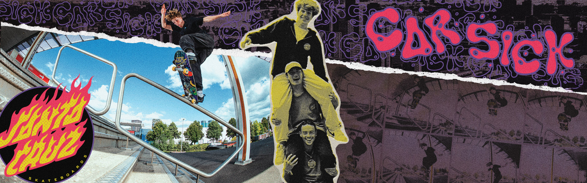 Santa Cruz News - skateboarding scene with 'Car Sick' and 'Santa Cruz' logos on a colorful background.