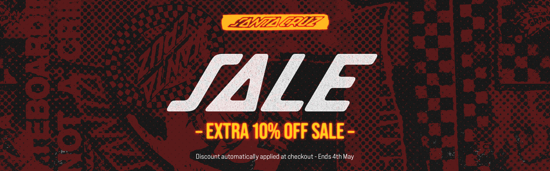 Santa Cruz Sale banner with 'Extra 10% Off Sale' text on a red and black background. Discount automatically applied - Ends 4th May