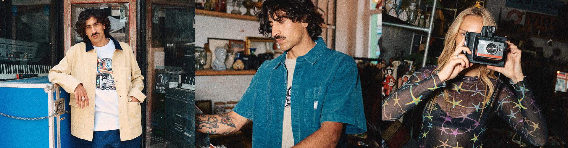 Santa Cruz Clothing - Three people in different settings, one standing by a refrigerator, another in a room with shelves, and the third taking a photo.