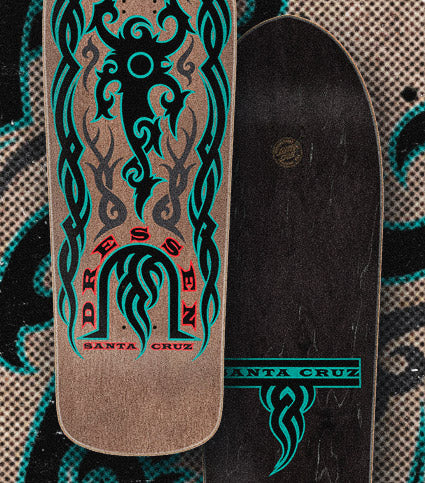 Santa Cruz Reissues - Skateboard deck with tribal design and 'Santa Cruz' branding on a textured surface.