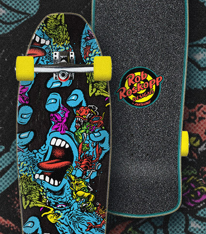 Santa Cruz Longboards & Cruisers - skateboard with colorful design and visible brand logo on a patterned background