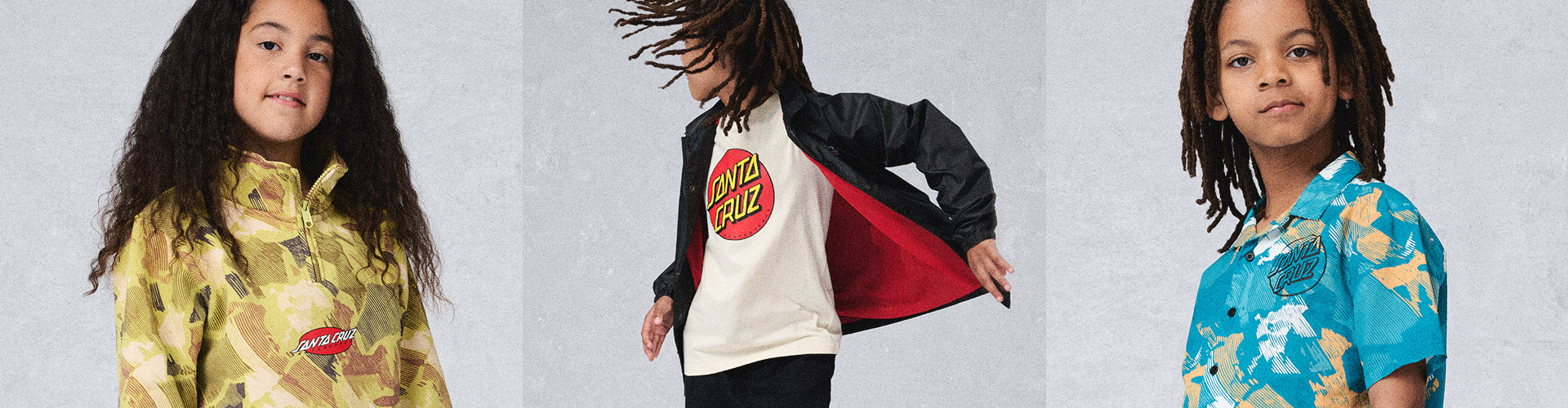 Santa Cruz Kids Clothing - three children wearing different outfits with Santa Cruz branding against a plain background
