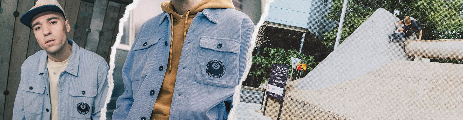 Santa Cruz Winkowski Hachi Collection. A collage-style fashion photo showing a man wearing a light blue denim jacket over a tan hoodie, with a torn-paper effect separating him from an outdoor skatepark scene where another person is riding a ramp.