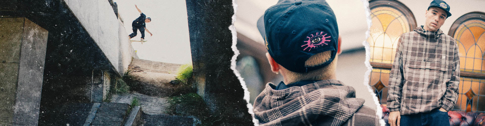 Santa Cruz Knibbs Cryptic collection shown in a collage-style image of torn-paper transitions: a skateboarder in an urban stairway, a person from behind wearing a dark blue cap with a pink graphic and a plaid hoodie, and a man standing indoors wearing a navy cap and plaid shirt.