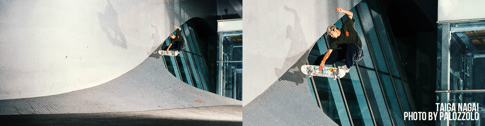 Two images of a Santa Cruz skateboarder performing tricks on a concrete ledge with a building in the background.