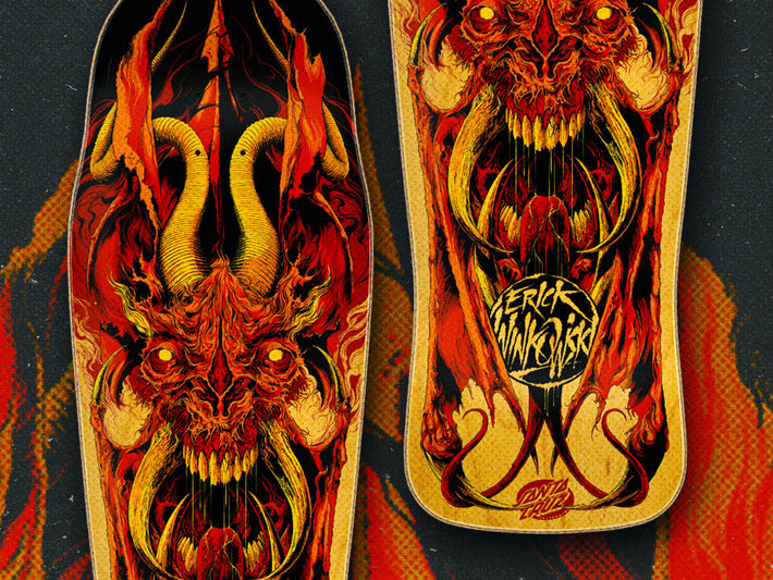 Santa Cruz Winkowski Primeval Skateboard deck with a fiery demon design and logo on a dark background.