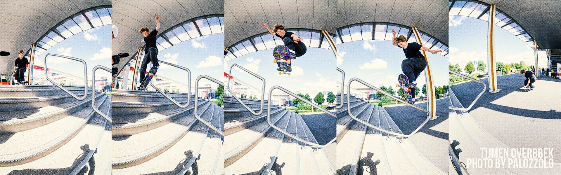 Collage of a Santa Cruz skateboarder performing tricks on a set of stairs.