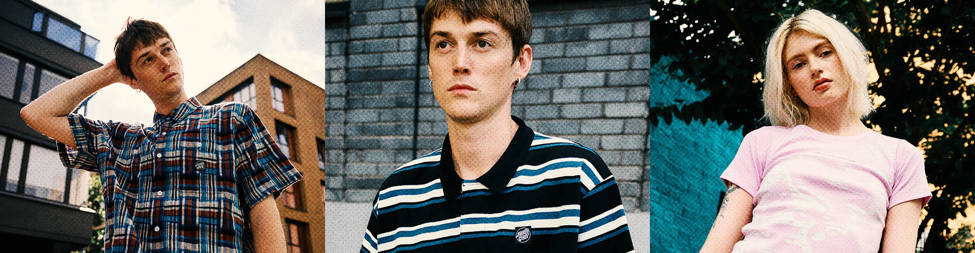 Three individuals wearing Santa Cruz clothing in different settings: one outdoors, one against a brick wall, and one against a leafy backdrop.