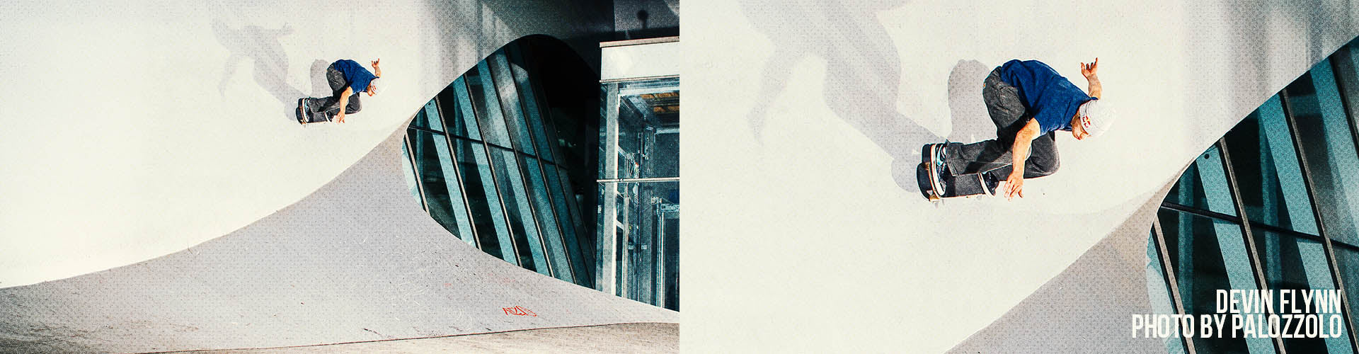 Two images of a Santa Cruz skateboarder performing a trick on a curved concrete wall.
