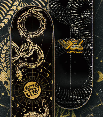 Black and gold Santa Cruz skateboard deck with snake design and Santa Cruz logo