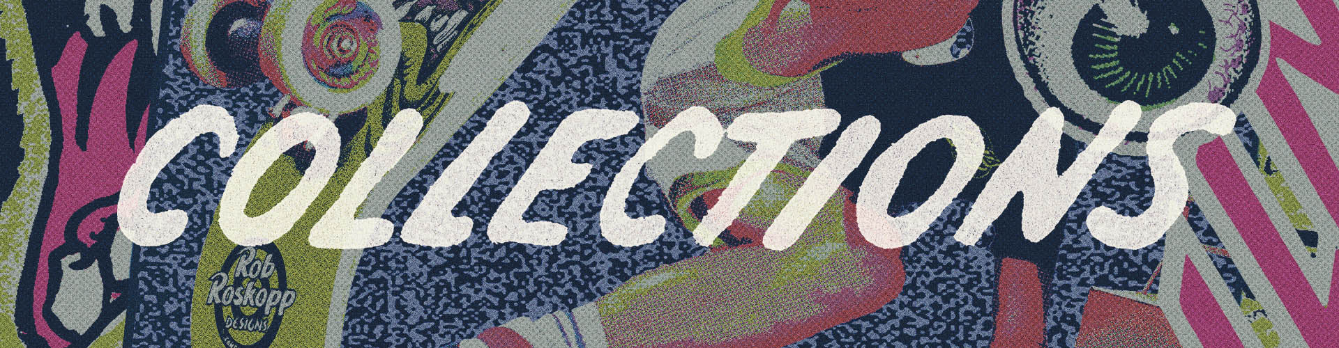 Text Santa Cruz 'Collections' on a colorful abstract background with various patterns and designs.