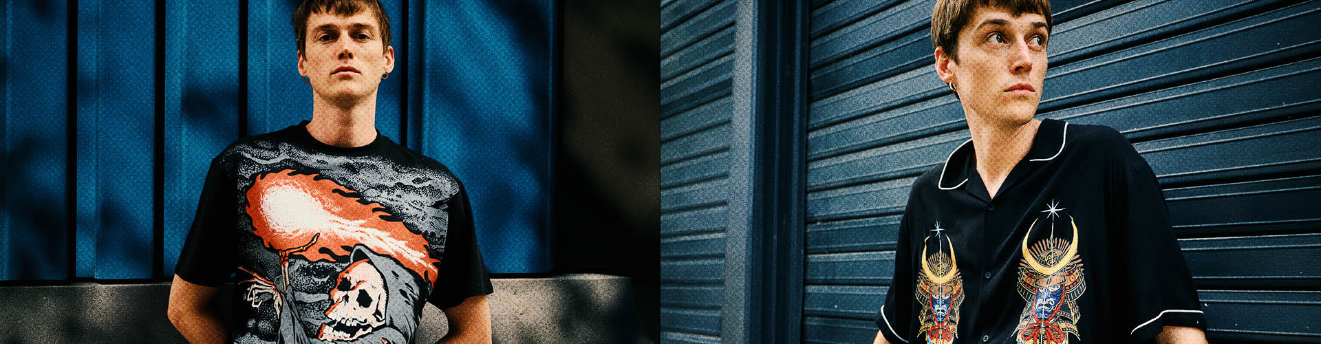 Two images of a man, one wearing a Santa Cruz Reaper graphic t-shirt and another wearing a Santa Cruz Winkwoski Samurai shirt against a blue metallic background.