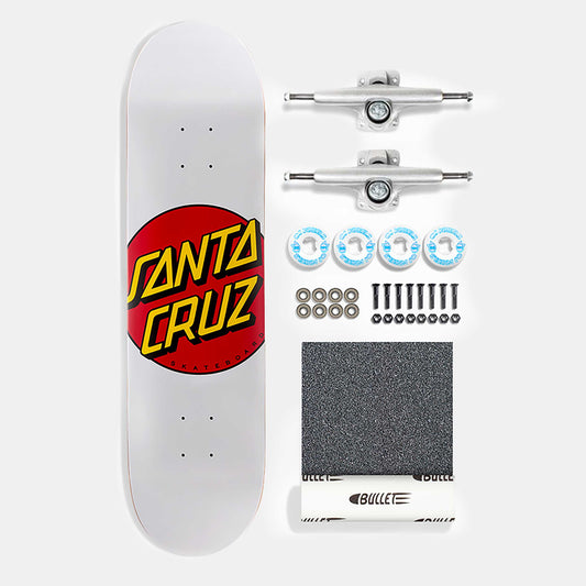 Santa Cruz Skateboard deck with, trucks, bearings, and screws on a white background
