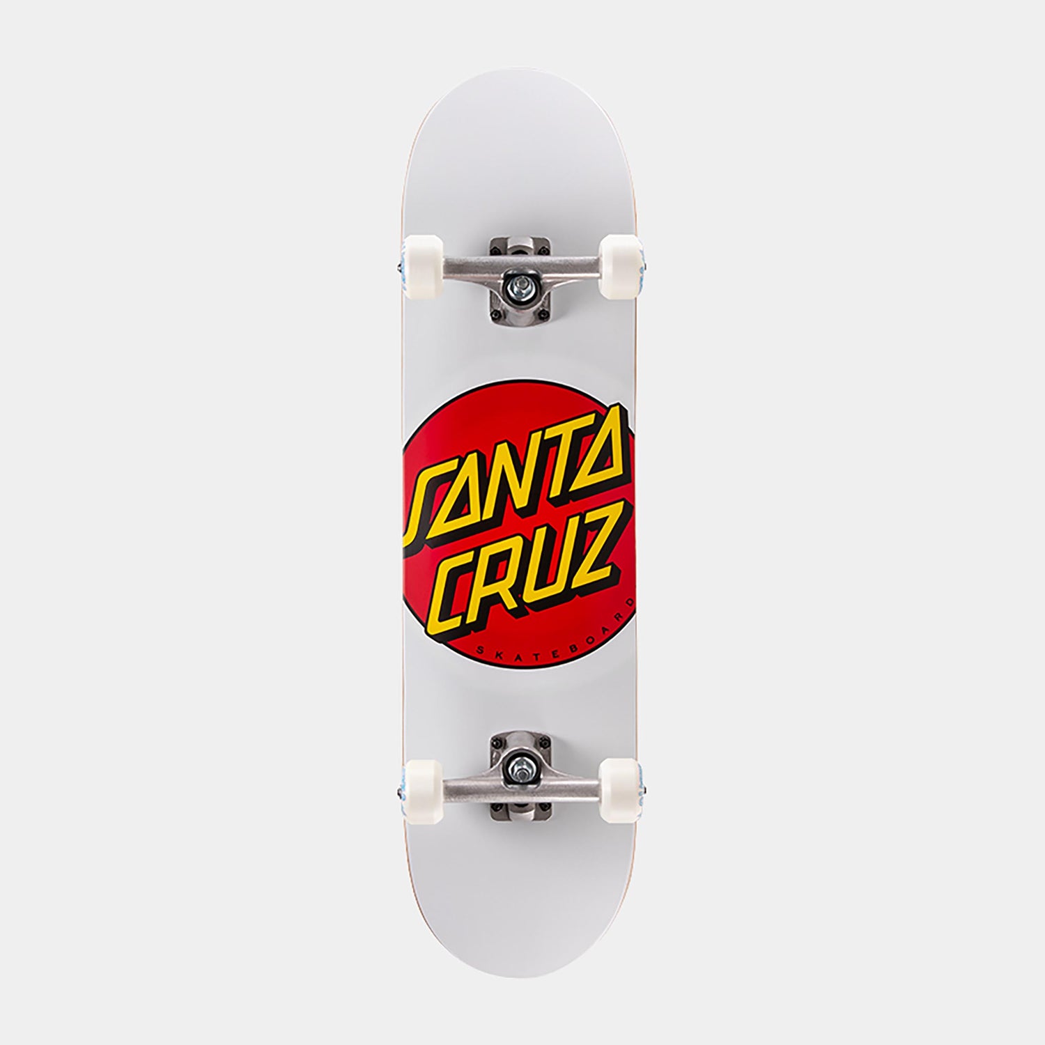 Santa Cruz skateboard deck with red and yellow logo on a white background
