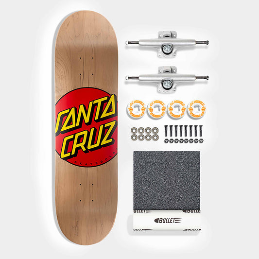 Santa Cruz Skateboard deck with, two trucks, a grip tape, and hardware on a white background