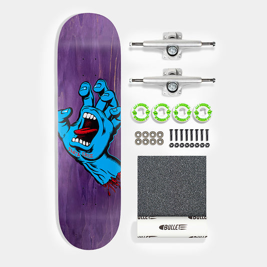 Santa Cruz Skateboard deck with screaming hand graphic, trucks, bearings, and grip tape on a white background