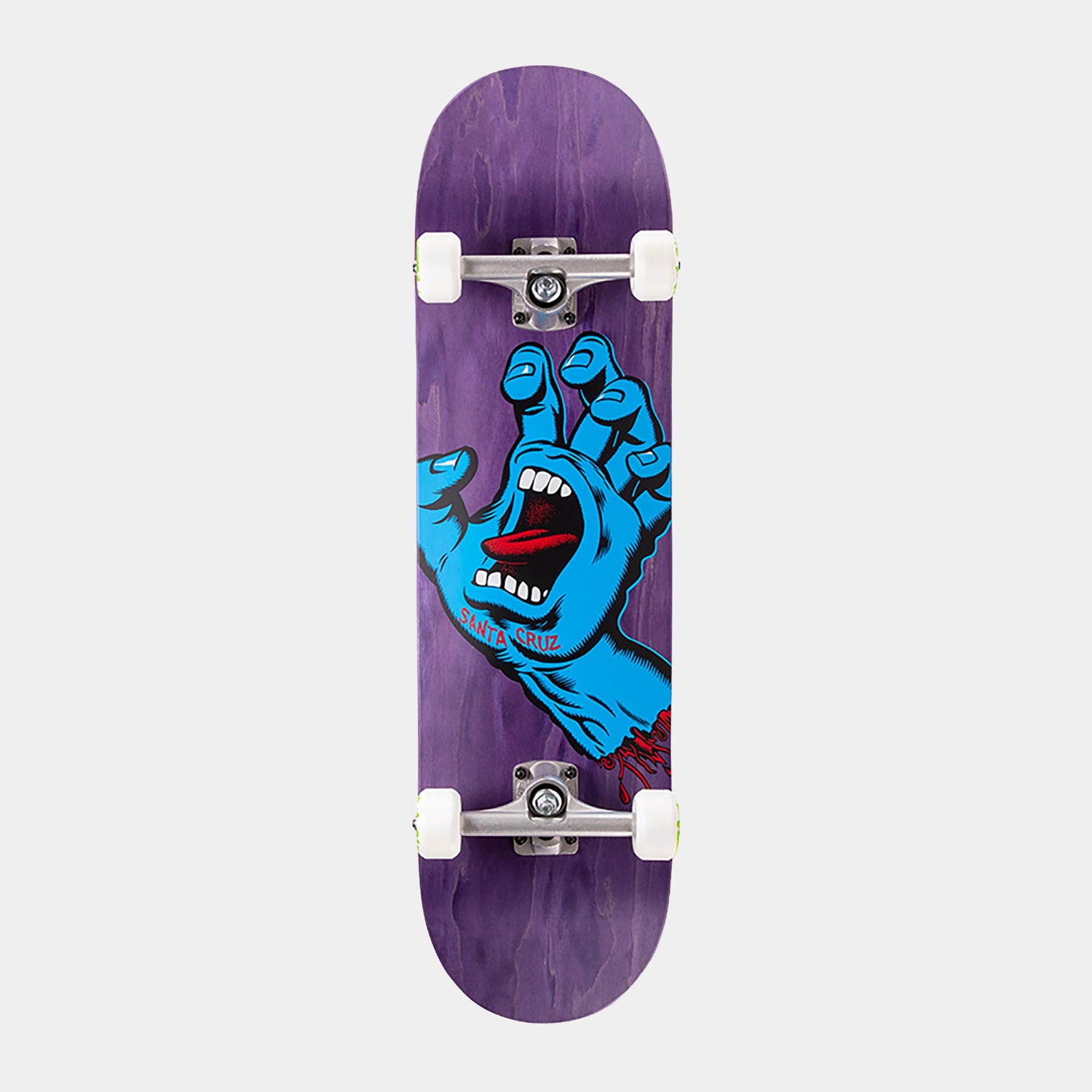 Santa Cruz Skateboard with a purple deck and blue screaming hand graphic on a white background
