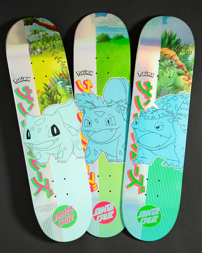 Three Santa Cruz x Pokémon-themed skateboard decks with Bulbasaur, Ivysaur and Venusaur designs.