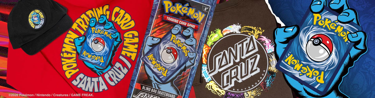 A Pokémon TCG x Santa Cruz collage showing a black Pokémon TCG Santa Cruz cap, a red Pokémon TCG Santa Cruz t-shirt and a Pokémon TCG x Santa Cruz skateboard deck blind bag.