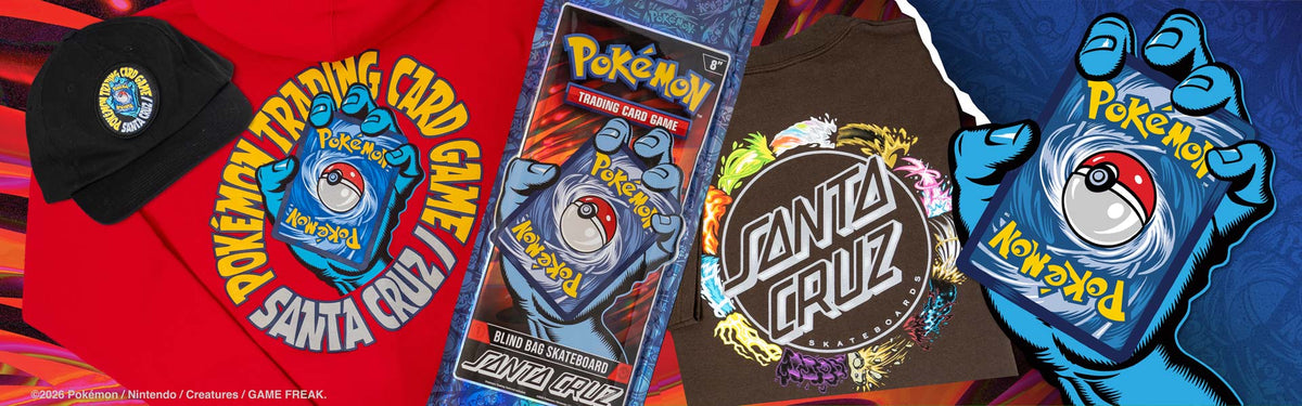 A Pokémon TCG x Santa Cruz collage showing a black Pokémon TCG Santa Cruz cap, a red Pokémon TCG Santa Cruz t-shirt and a Pokémon TCG x Santa Cruz skateboard deck blind bag.